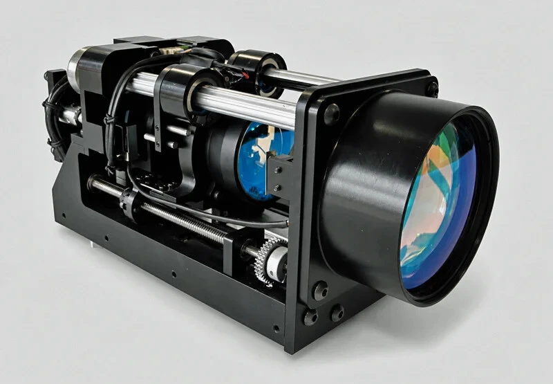 Close-up of a custom optical SWIR lens assembly with a large coated front lens, black housing, rails, wiring and mechanical adjustment components.