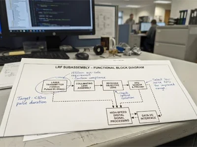 Printed functional block diagram for a laser rangefinder subsystem on office desk.