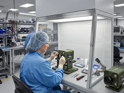 Technician assembling optical device inside a clean lab environment.